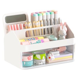 SAYEEC Desk Organizer with Drawer, Multi-Functional Pencil Pen Holder with Handle and 6 Compartments, Cute Makeup Organizer Storage Box, Desktop Accessories Caddy for Office School Home Art Supplies