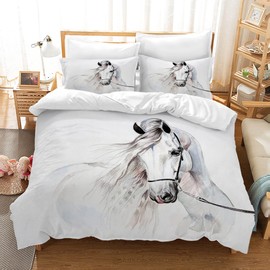 Bedding Duvet Cover Set 3D Print Horse Quilt Cover Bedding Sets 135×200cm, Animal Horse Print Microfibre Duvet Cover Set with 2 Pillowcases 50 ×75cm,for Boys Girls (135×200cm, White)