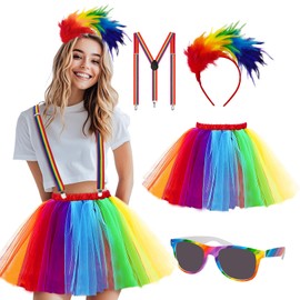 Stars Align Women's Rainbow Costume, Rainbow Skirt, Rainbow Headband with Colourful Braces, Glasses, Tulle Skirt, Women's Fancy Dress Costume, Women's Colourful Feathers, for Carnival and Theme Party
