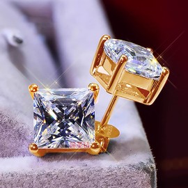 Emma Manor Gold Plated 925 Sterling Silver 4 Prong 7mm Square Shape Cubic Zirconia Stud Earring (Yellow Gold Plated Silver)
