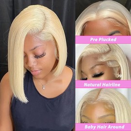 12 Inch 613 Blonde Bob Wig Human Hair 180 Density Straight Lace Front Wigs Human Hair Pre Plucked 613 Lace Front Wig Human Hair Short Blonde Wig 13x4 HD Lace Frontal Short Bob Wigs for Black Women