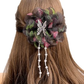 Yheahin Vintage Women Butterfly Flower Hair Clip Barrettes with Crystal Tassel Victoria Elegant 1920s Large Floral Headpiece with Butterfly for Bridal Wedding Dance Tea Party (Black, one size)