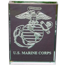 U.S. Marine Corps Insignia Hand Carved Etched Glass Paperweight
