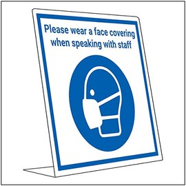 V Safety Covid Retail Desk Sign - Please Wear Face Coverings - 150mm x 200mm - 2mm Rigid Plastic, multi