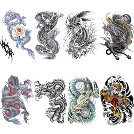 MOICUU Tattoo Stickers, Large Size, Japanese Engraving, Long Lasting, Waterproof, Tattoo Stickers, Stylish, Carp Tattoo Stickers, Body Stickers, Men and Women, Tattoo Stickers, Easy to Apply to Arms, Legs, Body, Chest, Shoulder, Back, TATOO 5.9 x 8.3 inches (15 x 21 cm) (B(Dragon Series - 8 Sheets))
