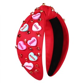 Xipixiao Valentine's Day Headband for Women Red Pink Beaded Heart Headbands with Rhinestone Crystal Knotted Jeweled Hairband, Valentine's Day Hair Accessories Gifts