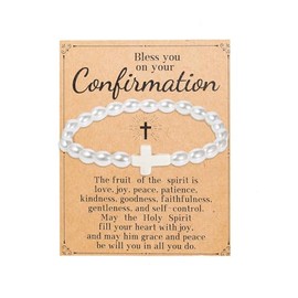 First Communion/Confirmation Gifts for Women,Inspirational Religious Christian Cross Charm Bead Bracelets for Women Men Graduation Birthday Christmas Valentines Easter Baptism Gifts-Pearl B