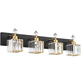 PRESDE Crystal Vanity Light Black Bathroom Vanity Lighting Fixtures 4 Lights Modern Vanity Light for Bathroom