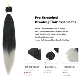 Braiding Hair Pre Stretched - 6 Packs Prestretched Braiding Hair 20 Inch Ombre Braiding Hair Itch Free 1B/Silver# Yaki Synthetic Hair Extension for Braids (20 Inch(6Packs), 1B/Silver#)