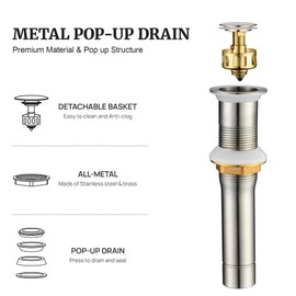 Pop up Sink Drain Stopper for Bathroom Vessel Vanity Sink Art Basin Brushed Nickel, Small Cap Without Overflow, Metal Pop-up Drain Strainer with Detachable Basket Stopper