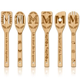 GLOBLELAND 6Pcs Floral Letter M Bamboo Cooking Utensils Wooden Engraved Cooking Spoons Set Flower Pattren Carving Kitchen Bamboo Spatula Set Wood Cooking Spoon for Kitchen House Warming Gift