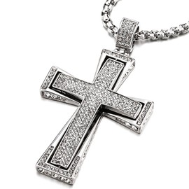 COOLSTEELANDBEYOND Men Women LARGE Steel Cross Pendant Necklace with Cubic Zirconia, 30 inches Wheat Chain