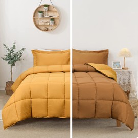 HIG 3-Piece All Season Mustard Yellow Down Alternative Comforter Set for King Size Bed - Diamond Stitched - 4 Corner Tabs - 100% Bonded Filling - Wrinkle Resistant & Durable - Reversible Duvet Insert
