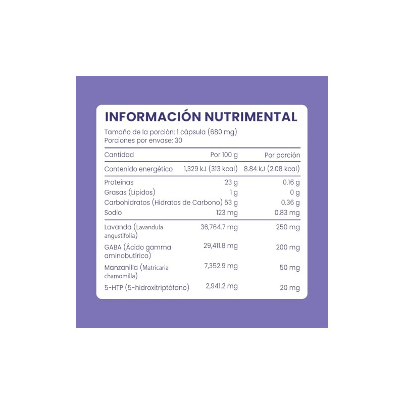 Lavanda + 5-HTP + GABA + Manzanilla 30 Cápsulas, Suplemento