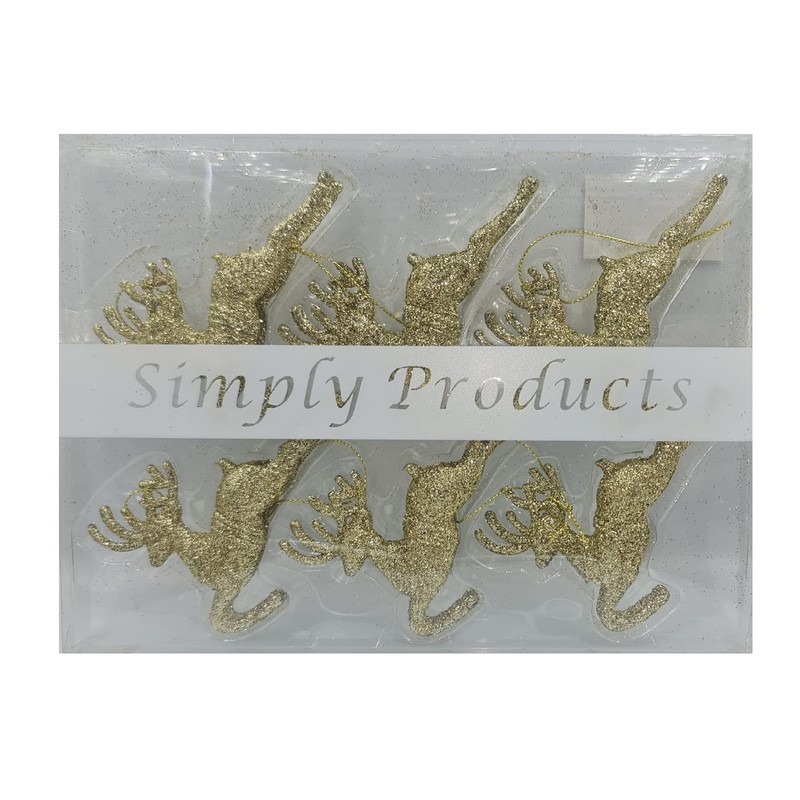 Pack of 6 - Hanging Glitter Reindeer Christmas Tree Decorations