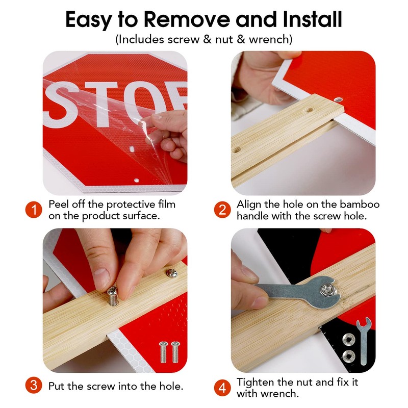 Stop Slow Sign with Bamboo Handle, 13" x 13" Double