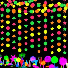 52ft Neon Star Circle Dot Garland 4Pcs Circle Dots Stars Glow Party Paper Streamers Hanging Decorations for Birthday Decor Black Light Glow Party
