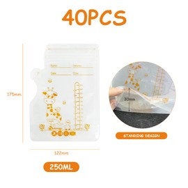 40 Pieces of pre-sterilized Storage Bag, Breast Milk Storage Bag, 250ml Milk Freezer Bag, Fresh-Keeping Bag with Scale, Double Zipper Sealing