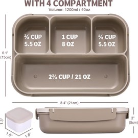 JiaoZoum Bento Box Lunch Box, 4 Compartments Containers for Kids Men Women, Reusable Food Storage with Utensils for Work, School, Camping and Travel (Brown)