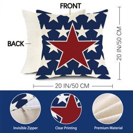 Fjfz 4th of July Decorative Throw Pillow Covers 20 x 20 Set of 4, Patriotic America Red Blue White Dahlia Stars Porch Outdoor Home Decor, American USA Freedom Geometry Floral Couch Cushion Case
