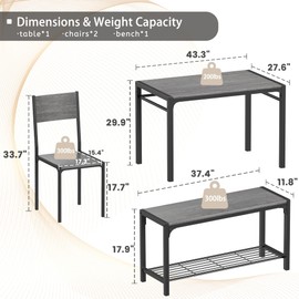 JUMMICO 43.3" Dining Table Set for 4, Kitchen Table with Bench & 2 Chairs Modern Rectangular Metal Frame Dining Furniture Set for Small Space (Grey)