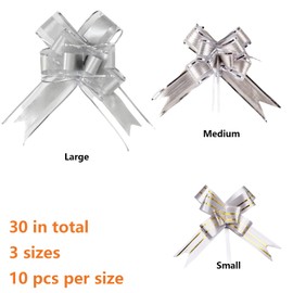 30 Pcs Pull Bows, Large Medium Small (7.9 Inch, 5.7 Inch, 3.3 Inch) Silver Wrapping Pull Bow Ribbon for Gift Basket Wrapping, Hamper Making, Party Decorations Wedding Flower Birthday Gift Decorations