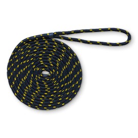 Montauk Rope Dock Line – 3/8" x 15 Foot Double Braided Polyester with 12" Spliced Eye – Navy with Yellow Tracer – Durable Mooring Rope for Small Boats and Pontoons