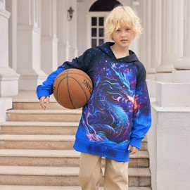 TUONROAD Galaxy Hoodie for Youth Boys Size 12 Boys' Cool 3D Blue Dragon Pullover Sweatshirts for 13 Years Big Boy's Long Sleeve Gym School Party Tie Dye Hooded Casual Clothes With Pocket