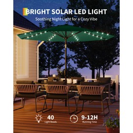 GarveeLife 9 Ft Patio Umbrella with Solar Lights, 8 Ribs Outdoor Market Table Umbrella with 32 LED Lights & Tilt Crank for Pool, Deck, Backyard, Dark Green