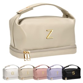 Vogewood Gifts for Women, Initial Makeup Bag, Waterproof Double Layer Cosmetic Bag, Large Capacity PU Leather Makeup Bags Letter Travel Toiletry Bag with Makeup Brush Organizer