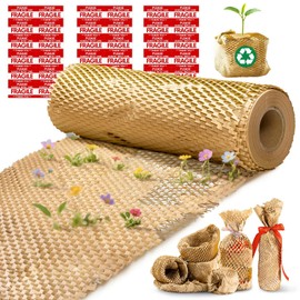 Honeycomb Packing Paper, 12"x50' Brown | Perforated Honeycomb Packing Paper Recyclable Moving Supplies for Shipping & Moving | Plastic-Free Alternative to Bubble Cushion Wrap with 36 Fragile Stickers