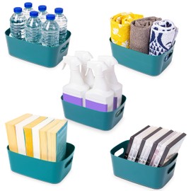 Stackzy Plastic Storage Baskets for Shelves – Strong Storage Boxes with Handles – Home and Kitchen Organiser – Rectangular Cupboard Storage Boxes –– Stackable Pantry Basket – Blue, 5pcs