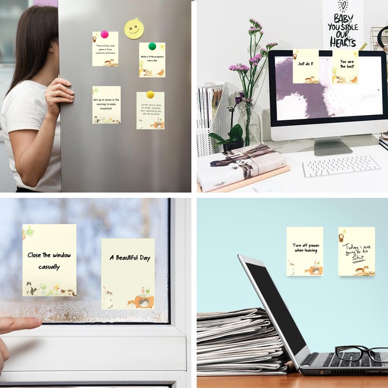 Cute Animal Sticky Notes,4 Packs Warm Cute Cat Themed Self-Adhesive