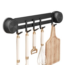 xyuayamz Hook Rack Kitchen Holder No Drilling Kitchen Utensil Holder with 5 Hooks, Suction Cup Kitchen Utensil Holder for Hanging Spoons Spatulas Kitchen Appliances, Metal, Pack of 1, Black