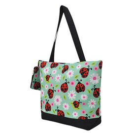 NGIL Medium Top Zipper Closure Canvas Tote Bag with Attached Matching Coin Purse For Moms, and Nurses (Lady Bug-Black)