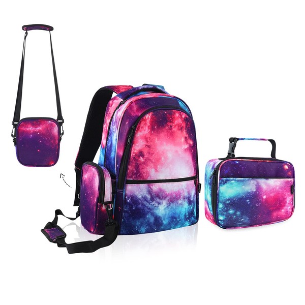 E-Clover Galaxy Backpack for Girls Kids Backpacks with Lunch Box Set School Bag for Elementary Kindergarten Purple Space