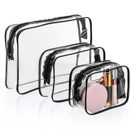 Nogeqi 3 Pcs Clear Makeup Bag for Women with Zipper Portable Toiletry Pouch Cosmetic Bag Bulk for Airport Airline Travel Essential Carry On Makeup (Black 3 Sizes)