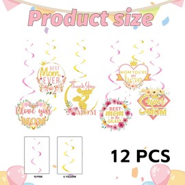 12 Pcs Mother's Day Ceiling Foil Swirls,Happy Mothers Day Decorations Hanging Swirls,Mother's Day Party Decorations Supplies,Ceiling Foil Swirls for Mother's Day Mom Birthday Party Supplies
