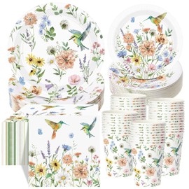 Pickmesh 250 Pcs Spring Wildflower Decoration Floral Hummingbird Themed Disposable Paper Plates Napkins and Cups Dinner Tableware for Birthday Party Dinnerware Birthday Baby Shower Tea Party Supplies