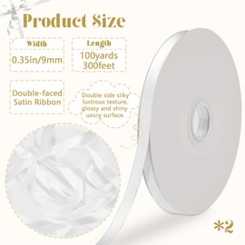 LELE LIFE 2 Rolls White Satin Ribbon 3/8" X 100 Yards, 200 Yards Double Faced Thin Silk Ribbon for Gift Wrapping Crafts Flower Bouquet Bows Party Wedding Christmas (White)