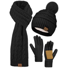 URATOT Women Winter Beanie Hat Scarf Gloves 3 in 1 Set for Women Fleece Lined Beanie Pompom Hat Touchscreen Gloves Long Scarf Hot Pink