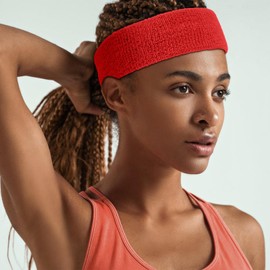 Samoyee 30 Pcs Sweatbands Wristbands Set Absorbent Terry Cloth Headbands Wristbands Neon Color Striped 80s Athletic Sweatbands for Sports Gym Exercise (Red-1)
