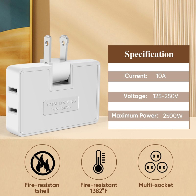 3 Way Flat Wall Outlet Extender Adapter- 4 Pack 180