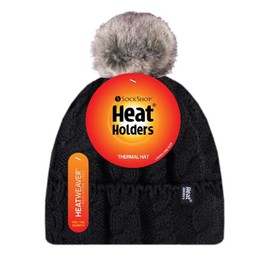 HEAT HOLDERS - Ladies Warm Knit Fleece Lined Cuffed Thermal Winter Bobble Hat with Pom Pom (One Size, Black)