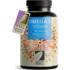 Omega-3 Vegan 90 Capsules High Dose, 2000 mg Omega-3 Algae Oil per Day with 600 mg DHA & 300 mg EPA, Vegan Omega from Sustainable Cultivation as a Fish Oil Alternative