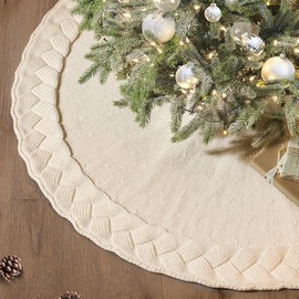 NIBESSER Knit Tree Skirt White 48" Christmas Tree Skirt Ivory Knitted Tree Skirt Mat for Christmas Decorations Yarn Thick Rustic Cable Knit Tree Skirt for Home Party Holiday Ornaments