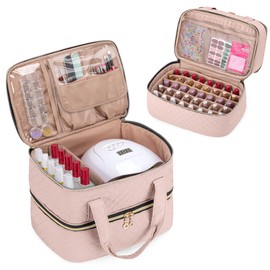 Yarwo Nail Polish Organizer Case Holds 50 Bottles(15ml/0.5 fl.oz) and Nail Lamp, Double Layers Nail Polish Bag with Adjustable Dividers for Nail Art Tools, Dusty Rose (Bag Only, Patent Design)