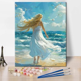 TISHIRON Paint by Numbers for Adults Beginner Beach Girl Color by Number for Adult Paint by Number Girl Seagull Paint by Number Kits On Canvas DIY Painting Paint-by-Number Kits, 40x50cm