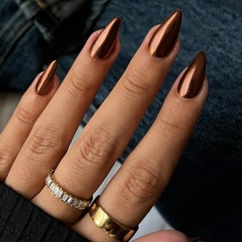 KQueenest Acrylic Press on Nails Almond Medium,Chrome Brown Fake Nails with Mirror Effect, Stiletto Glue on Nails Medium, Glazed Bronze Nails Press ons, Stick on Nails for Women, 24 Pcs, No Glue