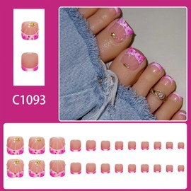 Pink Tip Toe Nail Press ons Gradient Fake Toe Nails with 3D Star Pearl Designs 24 Pcs Natural Reusable Acrylic Glue on Toe Nails for Women WYFHDT Press on Toe Nails